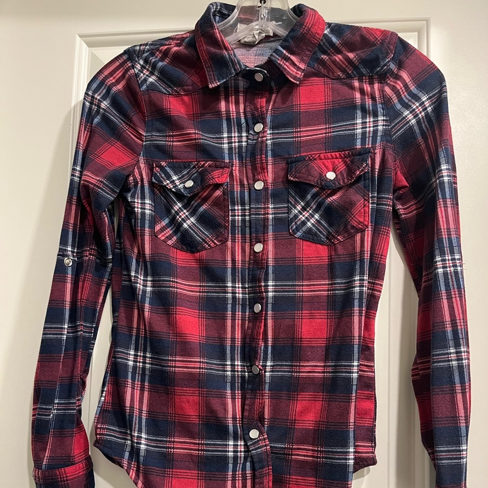 Burgundy and navy flannel top